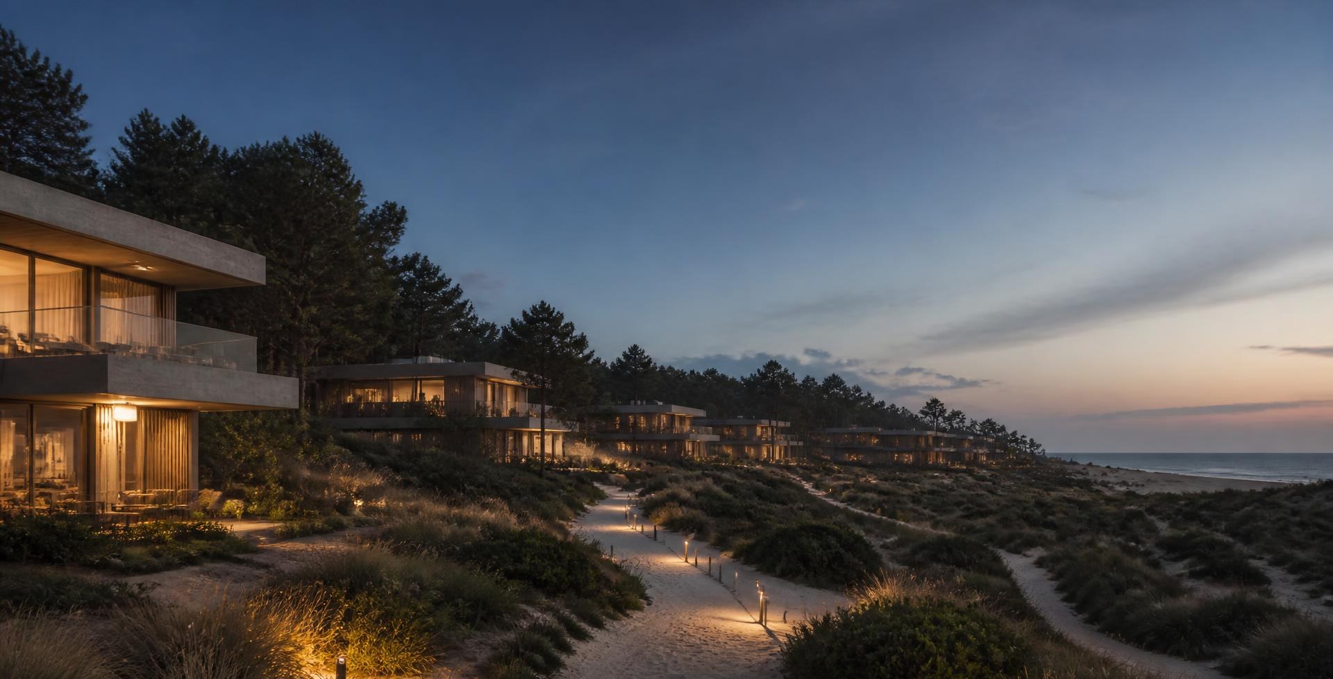 Desarrollo residencial contemporáneo frente al mar al atardecer